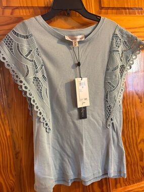 Catherine Malandrino Light Blue Crochet Cap-Sleeve Knit Top